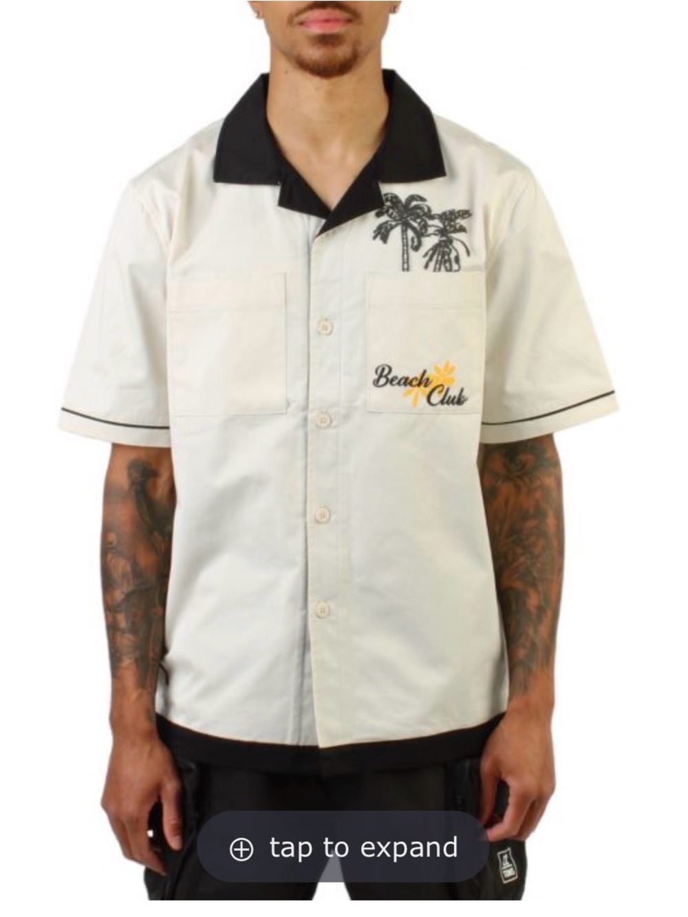 Beach Club Men's Cream Short-Sleeve Button-Down Shirt with Black Collar